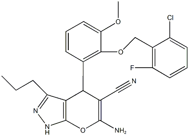 6-amino-4-{2-[(2-chloro-6-fluorobenzyl)oxy]-3-methoxyphenyl}-3-propyl-1,4-dihydropyrano[2,3-c]pyrazole-5-carbonitrile Struktur