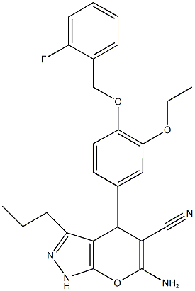 6-amino-4-{3-ethoxy-4-[(2-fluorobenzyl)oxy]phenyl}-3-propyl-1,4-dihydropyrano[2,3-c]pyrazole-5-carbonitrile Struktur