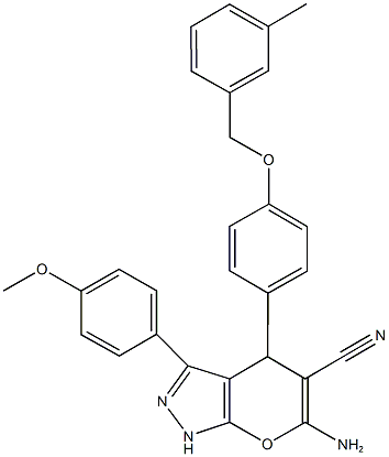 6-amino-3-(4-methoxyphenyl)-4-{4-[(3-methylbenzyl)oxy]phenyl}-1,4-dihydropyrano[2,3-c]pyrazole-5-carbonitrile Struktur