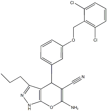 6-amino-4-{3-[(2,6-dichlorobenzyl)oxy]phenyl}-3-propyl-1,4-dihydropyrano[2,3-c]pyrazole-5-carbonitrile Struktur