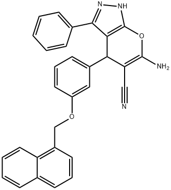 6-amino-4-[3-(1-naphthylmethoxy)phenyl]-3-phenyl-1,4-dihydropyrano[2,3-c]pyrazole-5-carbonitrile Struktur