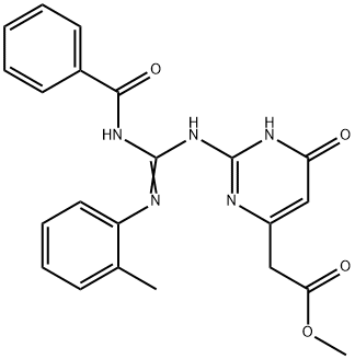 methyl(2-{[(benzoylimino)(2-toluidino)methyl]amino}-6-oxo-3,6-dihydro-4-pyrimidinyl)acetate Struktur