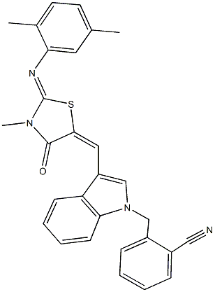 2-{[3-({2-[(2,5-dimethylphenyl)imino]-3-methyl-4-oxo-1,3-thiazolidin-5-ylidene}methyl)-1H-indol-1-yl]methyl}benzonitrile Struktur