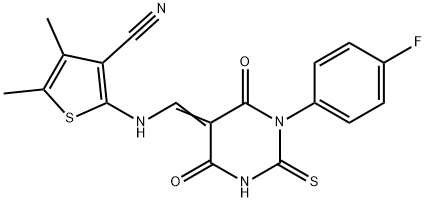 2-{[(1-(4-fluorophenyl)-4,6-dioxo-2-thioxotetrahydro-5(2H)-pyrimidinylidene)methyl]amino}-4,5-dimethyl-3-thiophenecarbonitrile Struktur