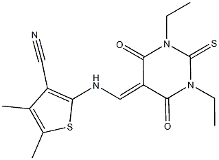 2-{[(1,3-diethyl-4,6-dioxo-2-thioxotetrahydro-5(2H)-pyrimidinylidene)methyl]amino}-4,5-dimethyl-3-thiophenecarbonitrile Struktur