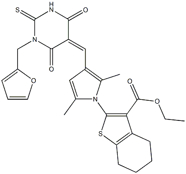 ethyl 2-{3-[(1-(2-furylmethyl)-4,6-dioxo-2-thioxotetrahydropyrimidin-5(2H)-ylidene)methyl]-2,5-dimethyl-1H-pyrrol-1-yl}-4,5,6,7-tetrahydro-1-benzothiophene-3-carboxylate Struktur