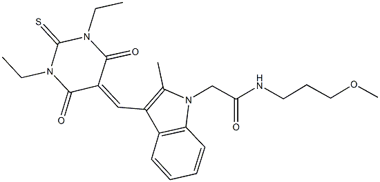 2-{3-[(1,3-diethyl-4,6-dioxo-2-thioxotetrahydro-5(2H)-pyrimidinylidene)methyl]-2-methyl-1H-indol-1-yl}-N-(3-methoxypropyl)acetamide Struktur