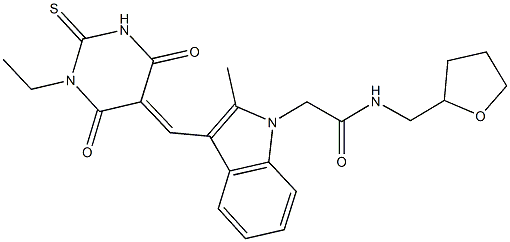 2-{3-[(1-ethyl-4,6-dioxo-2-thioxotetrahydro-5(2H)-pyrimidinylidene)methyl]-2-methyl-1H-indol-1-yl}-N-(tetrahydro-2-furanylmethyl)acetamide Struktur