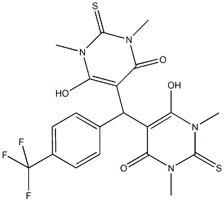 6-hydroxy-5-{(6-hydroxy-1,3-dimethyl-4-oxo-2-thioxo-1,2,3,4-tetrahydro-5-pyrimidinyl)[4-(trifluoromethyl)phenyl]methyl}-1,3-dimethyl-2-thioxo-2,3-dihydro-4(1H)-pyrimidinone Struktur