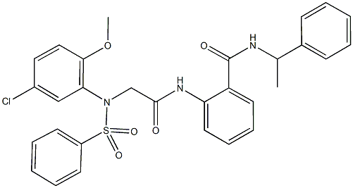 2-({[5-chloro-2-methoxy(phenylsulfonyl)anilino]acetyl}amino)-N-(1-phenylethyl)benzamide Struktur