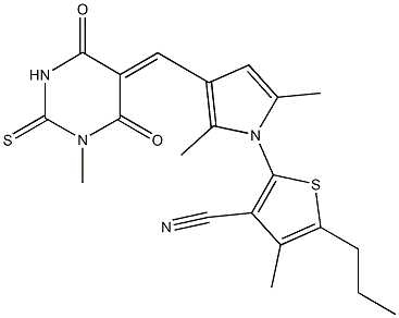 2-{2,5-dimethyl-3-[(1-methyl-4,6-dioxo-2-thioxotetrahydro-5(2H)-pyrimidinylidene)methyl]-1H-pyrrol-1-yl}-4-methyl-5-propyl-3-thiophenecarbonitrile Struktur