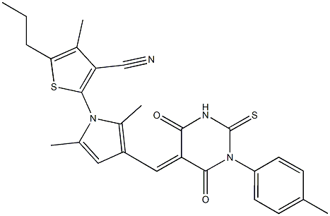 2-{2,5-dimethyl-3-[(1-(4-methylphenyl)-4,6-dioxo-2-thioxotetrahydro-5(2H)-pyrimidinylidene)methyl]-1H-pyrrol-1-yl}-4-methyl-5-propyl-3-thiophenecarbonitrile Struktur