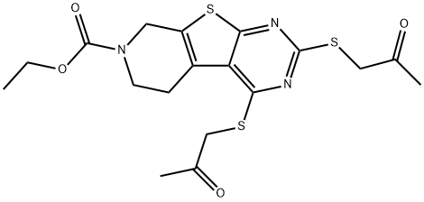 ethyl 2,4-bis[(2-oxopropyl)sulfanyl]-5,8-dihydropyrido[4',3':4,5]thieno[2,3-d]pyrimidine-7(6H)-carboxylate Struktur