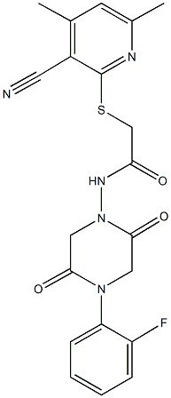 2-[(3-cyano-4,6-dimethyl-2-pyridinyl)sulfanyl]-N-[4-(2-fluorophenyl)-2,5-dioxo-1-piperazinyl]acetamide Struktur