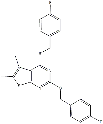 2,4-bis[(4-fluorobenzyl)sulfanyl]-5,6-dimethylthieno[2,3-d]pyrimidine Struktur