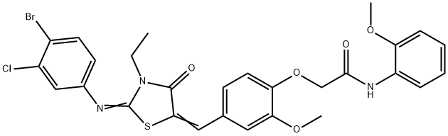 2-[4-({2-[(4-bromo-3-chlorophenyl)imino]-3-ethyl-4-oxo-1,3-thiazolidin-5-ylidene}methyl)-2-methoxyphenoxy]-N-(2-methoxyphenyl)acetamide Struktur