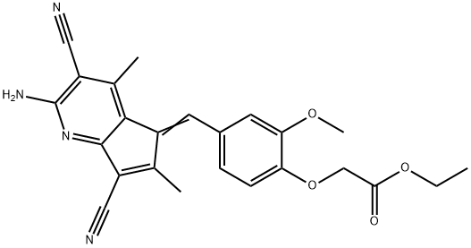 ethyl {4-[(2-amino-3,7-dicyano-4,6-dimethyl-5H-cyclopenta[b]pyridin-5-ylidene)methyl]-2-methoxyphenoxy}acetate Struktur