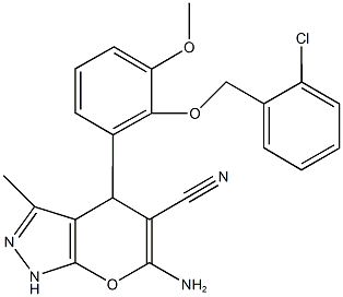 6-amino-4-{2-[(2-chlorobenzyl)oxy]-3-methoxyphenyl}-3-methyl-1,4-dihydropyrano[2,3-c]pyrazole-5-carbonitrile Struktur