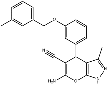 6-amino-3-methyl-4-{3-[(3-methylbenzyl)oxy]phenyl}-1,4-dihydropyrano[2,3-c]pyrazole-5-carbonitrile Struktur