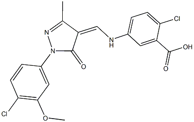 2-chloro-5-({[1-(4-chloro-3-methoxyphenyl)-3-methyl-5-oxo-1,5-dihydro-4H-pyrazol-4-ylidene]methyl}amino)benzoic acid Struktur