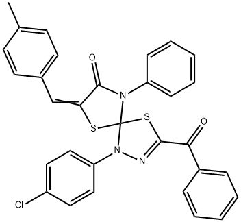 3-benzoyl-1-(4-chlorophenyl)-7-(4-methylbenzylidene)-9-phenyl-4,6-dithia-1,2,9-triazaspiro[4.4]non-2-en-8-one Struktur