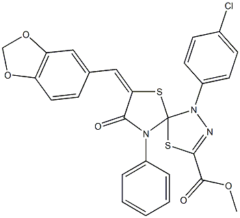 methyl 7-(1,3-benzodioxol-5-ylmethylene)-1-(4-chlorophenyl)-8-oxo-9-phenyl-4,6-dithia-1,2,9-triazaspiro[4.4]non-2-ene-3-carboxylate Struktur