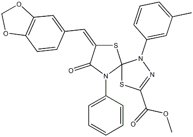 methyl 7-(1,3-benzodioxol-5-ylmethylene)-1-(3-methylphenyl)-8-oxo-9-phenyl-4,6-dithia-1,2,9-triazaspiro[4.4]non-2-ene-3-carboxylate Struktur