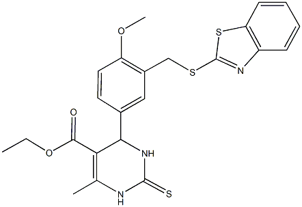 ethyl 4-{3-[(1,3-benzothiazol-2-ylsulfanyl)methyl]-4-methoxyphenyl}-6-methyl-2-thioxo-1,2,3,4-tetrahydro-5-pyrimidinecarboxylate Struktur