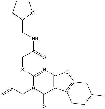 2-[(3-allyl-7-methyl-4-oxo-3,4,5,6,7,8-hexahydro[1]benzothieno[2,3-d]pyrimidin-2-yl)sulfanyl]-N-(tetrahydro-2-furanylmethyl)acetamide Struktur