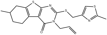 3-allyl-7-methyl-2-{[(2-methyl-1,3-thiazol-4-yl)methyl]sulfanyl}-5,6,7,8-tetrahydro[1]benzothieno[2,3-d]pyrimidin-4(3H)-one Struktur