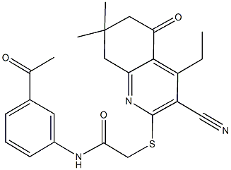 N-(3-acetylphenyl)-2-[(3-cyano-4-ethyl-7,7-dimethyl-5-oxo-5,6,7,8-tetrahydro-2-quinolinyl)sulfanyl]acetamide Struktur