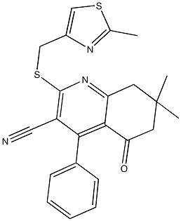 7,7-dimethyl-2-{[(2-methyl-1,3-thiazol-4-yl)methyl]sulfanyl}-5-oxo-4-phenyl-5,6,7,8-tetrahydro-3-quinolinecarbonitrile Struktur