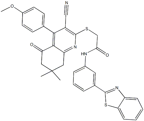 N-[3-(1,3-benzothiazol-2-yl)phenyl]-2-{[3-cyano-4-(4-methoxyphenyl)-7,7-dimethyl-5-oxo-5,6,7,8-tetrahydro-2-quinolinyl]sulfanyl}acetamide Struktur