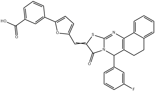 3-{5-[(7-(3-fluorophenyl)-9-oxo-5,7-dihydro-6H-benzo[h][1,3]thiazolo[2,3-b]quinazolin-10(9H)-ylidene)methyl]-2-furyl}benzoic acid Struktur