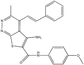 5-amino-N-(4-methoxyphenyl)-3-methyl-4-(2-phenylvinyl)thieno[2,3-c]pyridazine-6-carboxamide Struktur