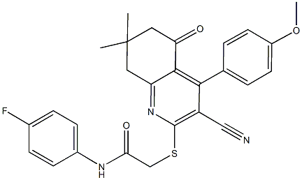 2-{[3-cyano-4-(4-methoxyphenyl)-7,7-dimethyl-5-oxo-5,6,7,8-tetrahydro-2-quinolinyl]sulfanyl}-N-(4-fluorophenyl)acetamide Struktur