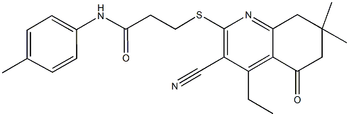 3-[(3-cyano-4-ethyl-7,7-dimethyl-5-oxo-5,6,7,8-tetrahydro-2-quinolinyl)sulfanyl]-N-(4-methylphenyl)propanamide Struktur