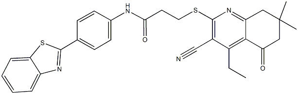 N-[4-(1,3-benzothiazol-2-yl)phenyl]-3-[(3-cyano-4-ethyl-7,7-dimethyl-5-oxo-5,6,7,8-tetrahydro-2-quinolinyl)sulfanyl]propanamide Struktur