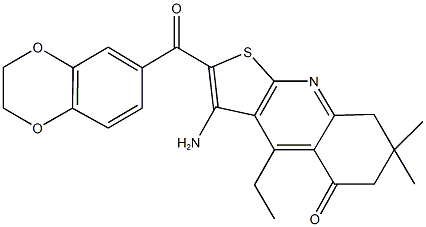 3-amino-2-(2,3-dihydro-1,4-benzodioxin-6-ylcarbonyl)-4-ethyl-7,7-dimethyl-7,8-dihydrothieno[2,3-b]quinolin-5(6H)-one Struktur