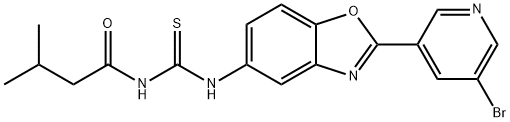 N-[2-(5-bromo-3-pyridinyl)-1,3-benzoxazol-5-yl]-N'-(3-methylbutanoyl)thiourea Struktur