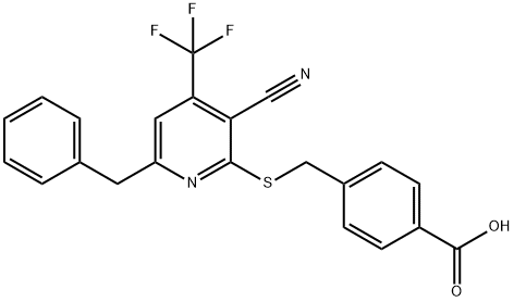 4-({[6-benzyl-3-cyano-4-(trifluoromethyl)-2-pyridinyl]sulfanyl}methyl)benzoic acid Struktur