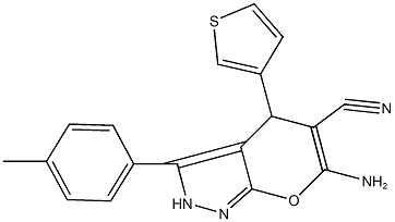 6-amino-3-(4-methylphenyl)-4-(3-thienyl)-2,4-dihydropyrano[2,3-c]pyrazole-5-carbonitrile Struktur