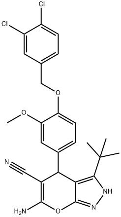 6-amino-3-tert-butyl-4-{4-[(3,4-dichlorobenzyl)oxy]-3-methoxyphenyl}-2,4-dihydropyrano[2,3-c]pyrazole-5-carbonitrile Struktur