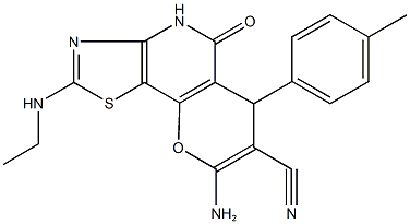 8-amino-2-(ethylamino)-6-(4-methylphenyl)-5-oxo-4,6-dihydro-5H-pyrano[2,3-d][1,3]thiazolo[4,5-b]pyridine-7-carbonitrile Struktur