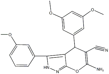 6-amino-4-(3,5-dimethoxyphenyl)-3-(3-methoxyphenyl)-2,4-dihydropyrano[2,3-c]pyrazole-5-carbonitrile Struktur