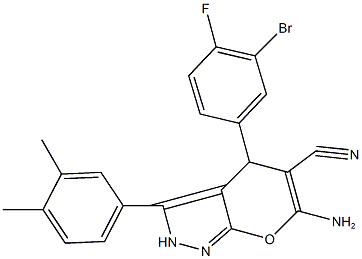 6-amino-4-(3-bromo-4-fluorophenyl)-3-(3,4-dimethylphenyl)-2,4-dihydropyrano[2,3-c]pyrazole-5-carbonitrile Struktur