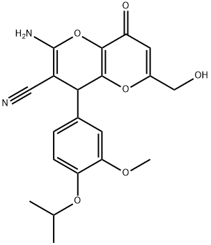 2-amino-6-(hydroxymethyl)-4-(4-isopropoxy-3-methoxyphenyl)-8-oxo-4,8-dihydropyrano[3,2-b]pyran-3-carbonitrile Struktur