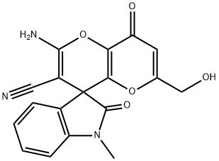 2'-amino-6'-(hydroxymethyl)-1-methyl-1,3,4',8'-tetrahydro-2,8'-dioxospiro(2H-indole-3,4'-pyrano[3,2-b]pyran)-3'-carbonitrile Struktur