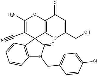 2'-amino-1-(4-chlorobenzyl)-6'-(hydroxymethyl)-1,3,4',8'-tetrahydro-2,8'-dioxospiro(2H-indole-3,4'-pyrano[3,2-b]pyran)-3'-carbonitrile Struktur