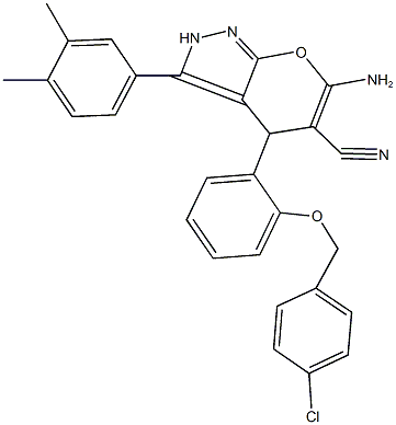 6-amino-4-{2-[(4-chlorobenzyl)oxy]phenyl}-3-(3,4-dimethylphenyl)-2,4-dihydropyrano[2,3-c]pyrazole-5-carbonitrile Struktur